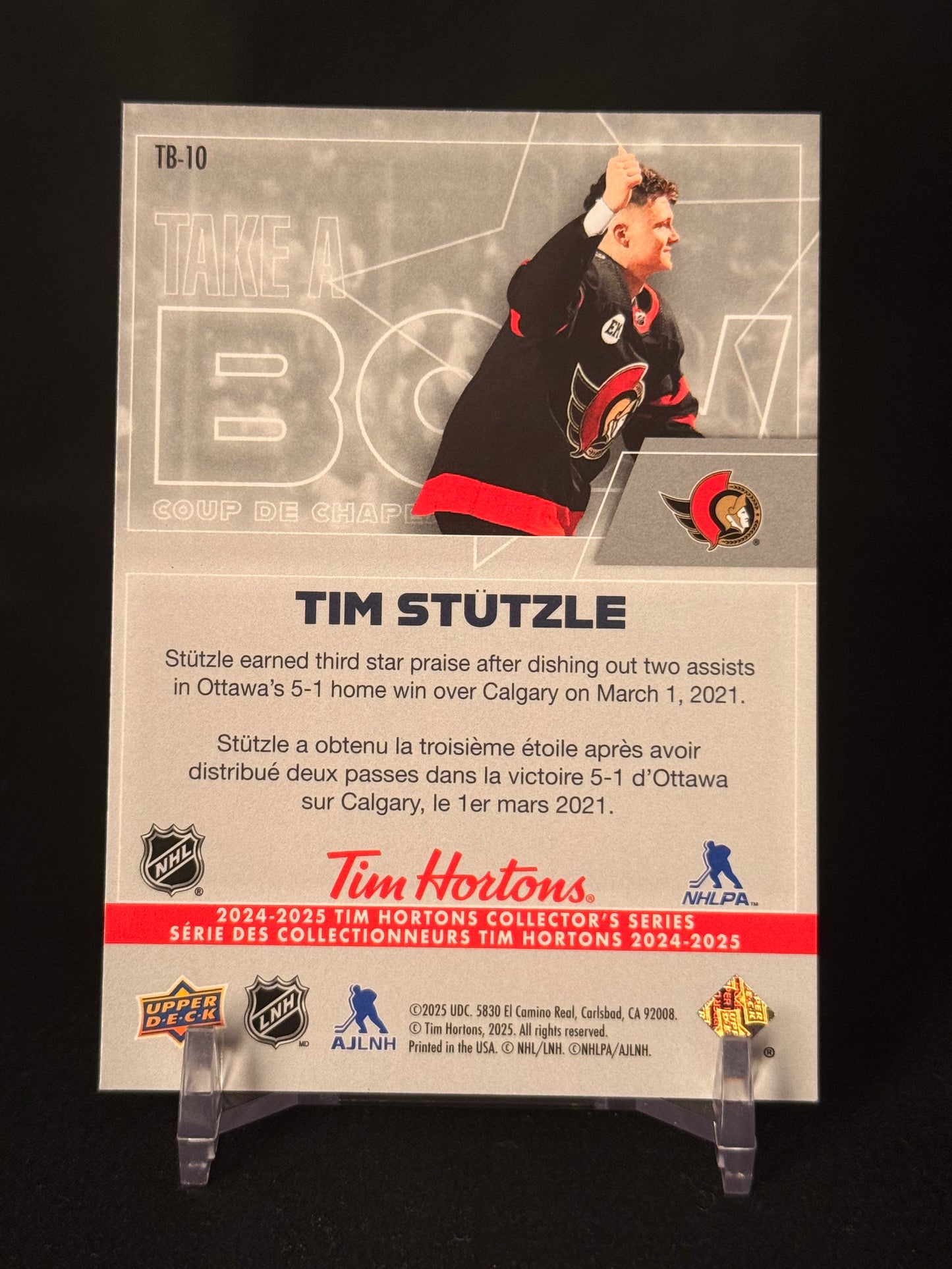 2024-25 Upper Deck Tim Hortons Tim Stutzle TB-10 Take A Bow Insert