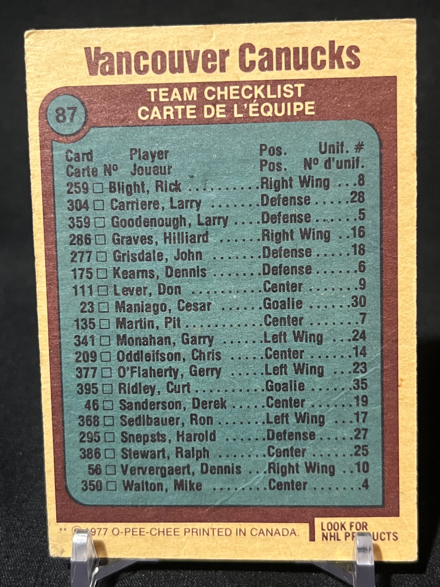 VANCOUVER CANUCKS 77/78 O-Pee-Chee Team Checklist #87