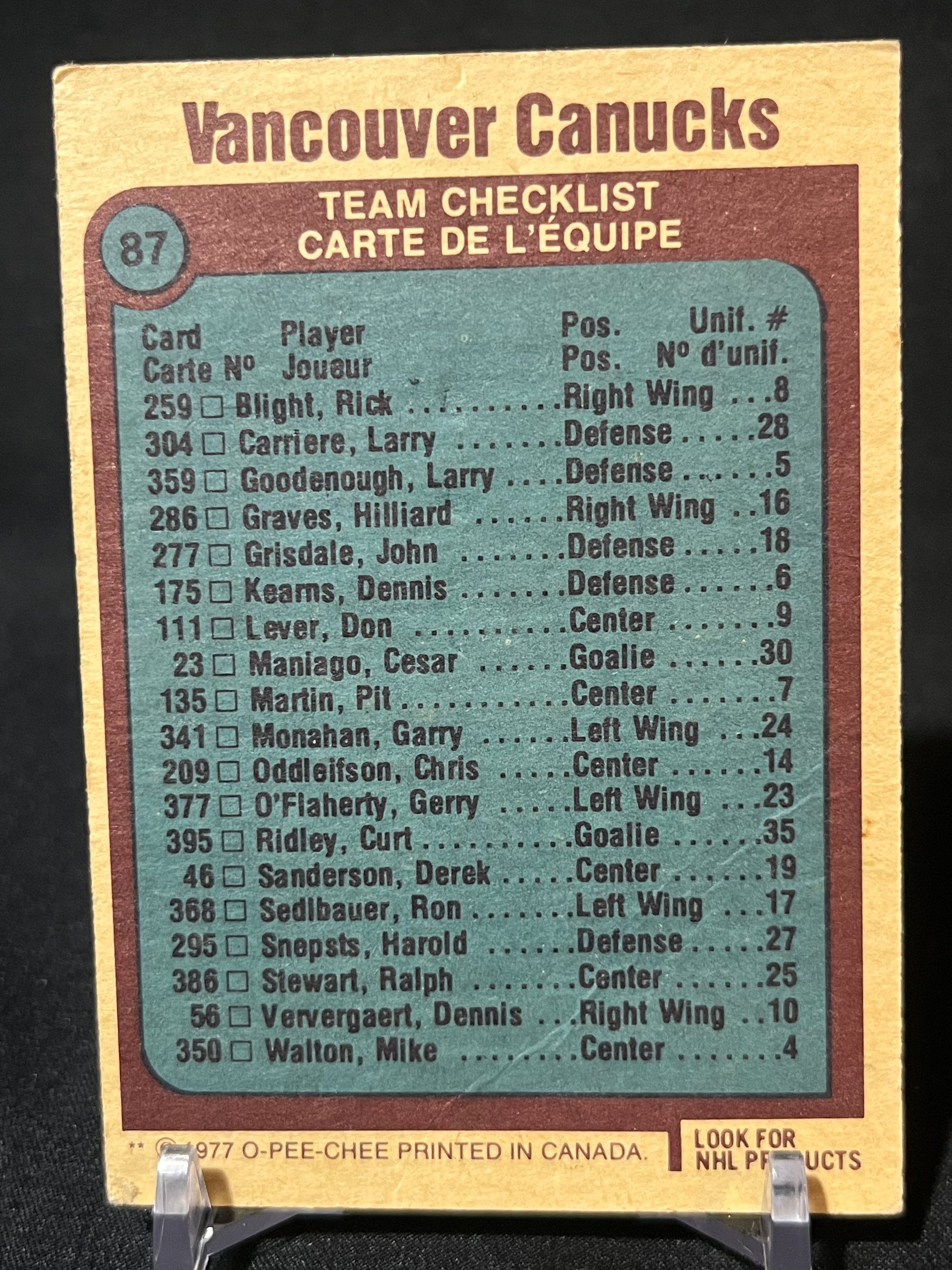 VANCOUVER CANUCKS 77/78 O-Pee-Chee Team Checklist #87