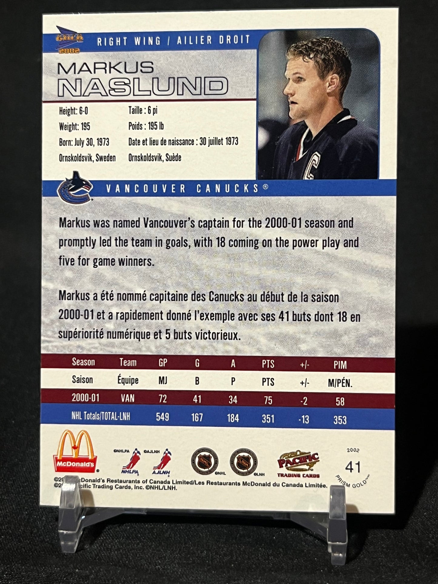 MARKUS NASLUND 02/03 Prism Gold McDonald's Hockey Card #41