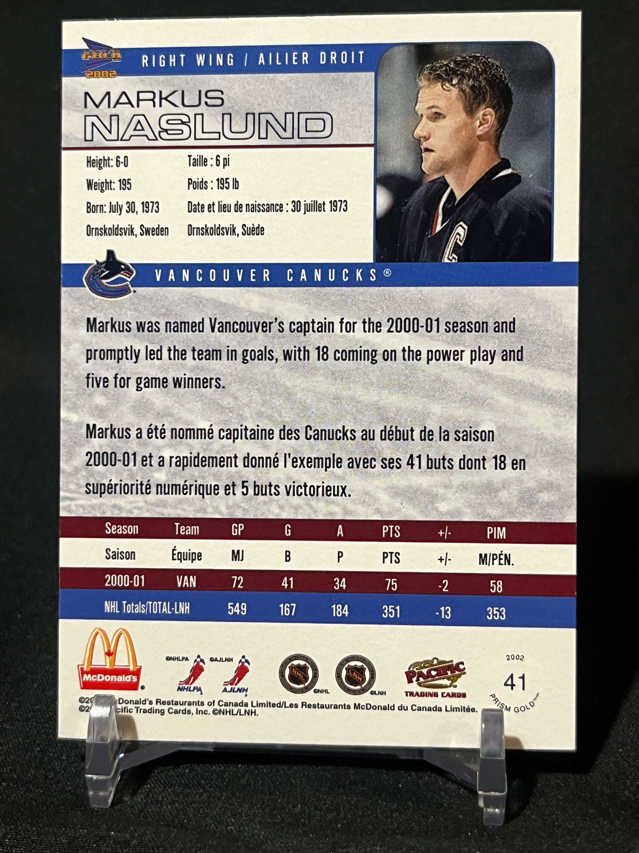 MARKUS NASLUND 02/03 Prism Gold McDonald's Hockey Card #41