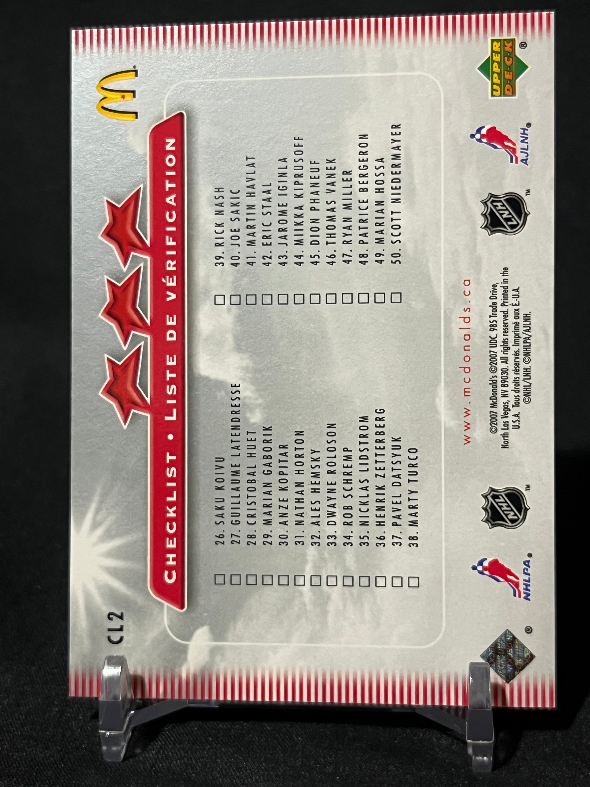 MATS SUNDIN DARCY TUCKER BRYAN MCCABE 07/08 Upper Deck Mcdonald Three Stars Checklist #CL2