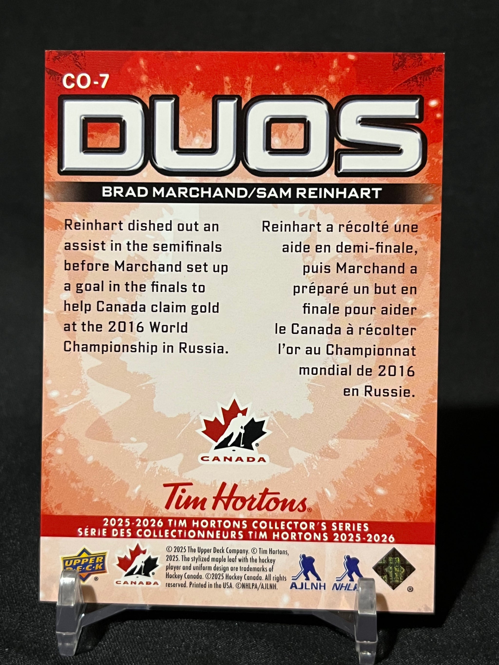BRAD MARCHAND SAM REINHART 25/26 Upper Deck Tim Horton's Team Canada DUOS #CO-7